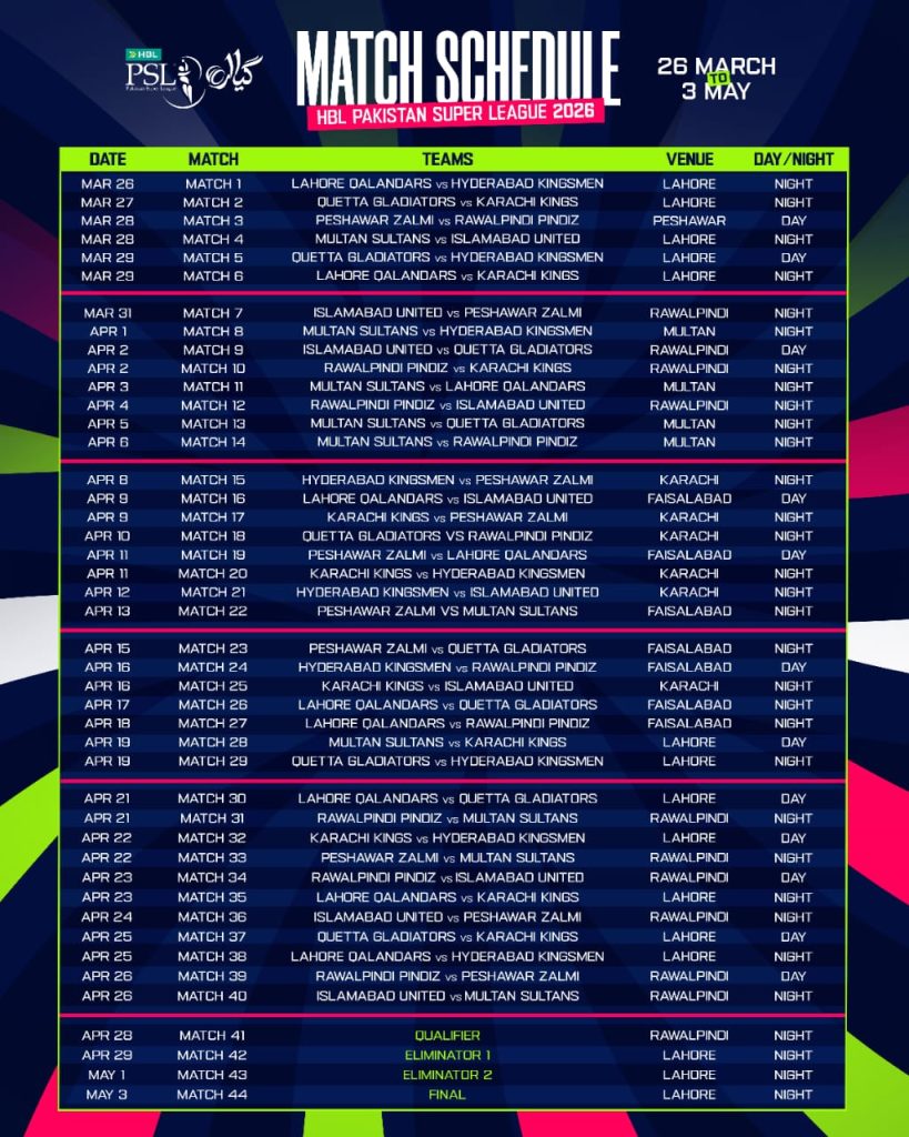 psl 2026 schedule